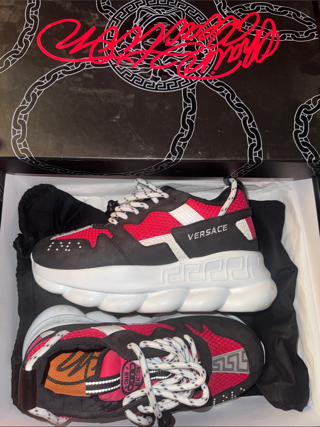 Versace Black, Red & White Chain Reaction Sneakers Worn Once